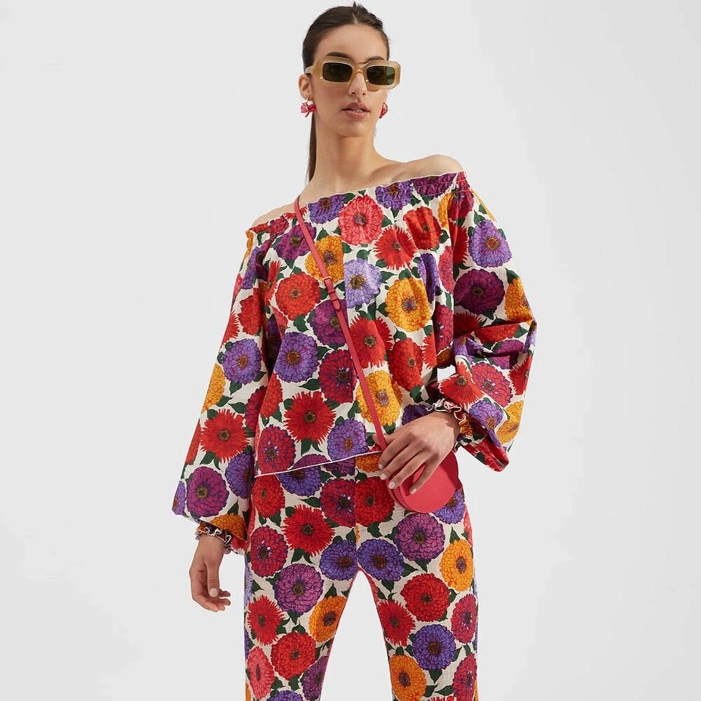 LA DoubleJ Zinnie Multicolor Floral Ruffle Neck Boho Top $520, Size S